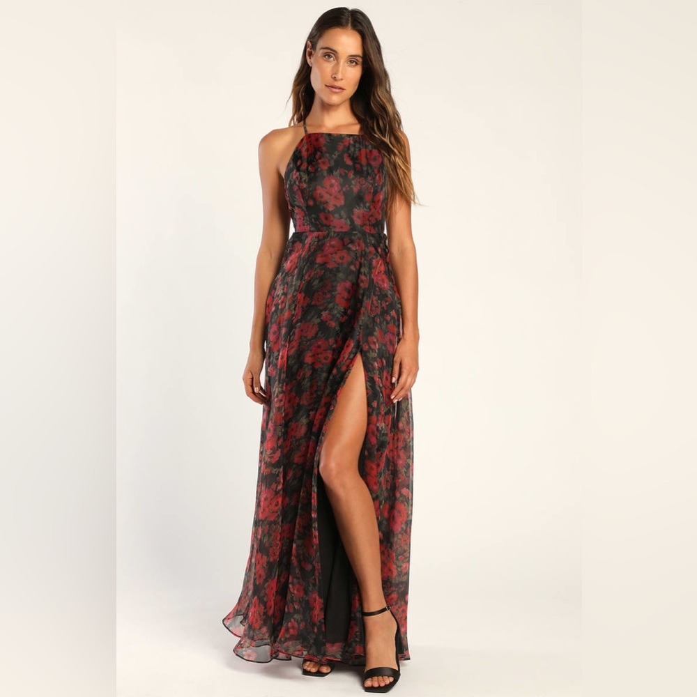 Lulu's Dreamy Elegance Black Floral Print Organza Backless Maxi Dress